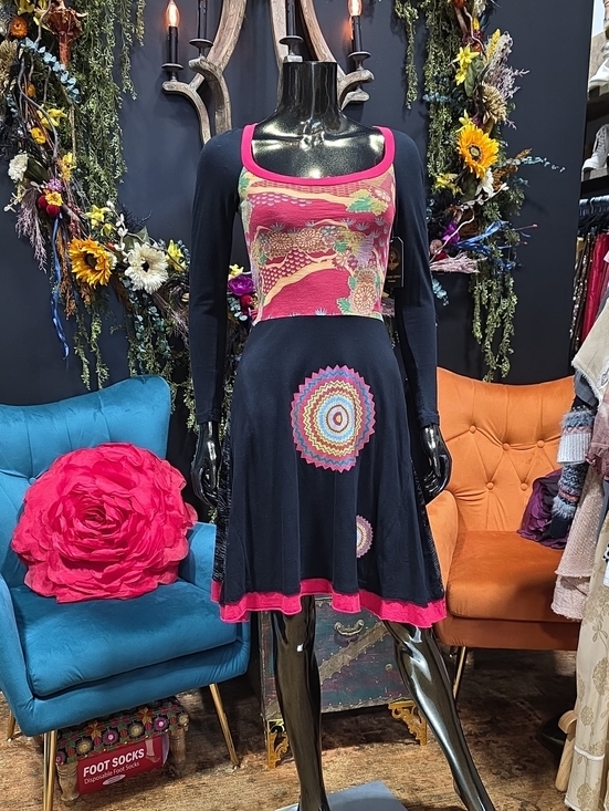 Desigual Dresses & Skirts - Desigual Black and Red Long-Sleeve Fit & Flare Dress with Multicolor Bodice